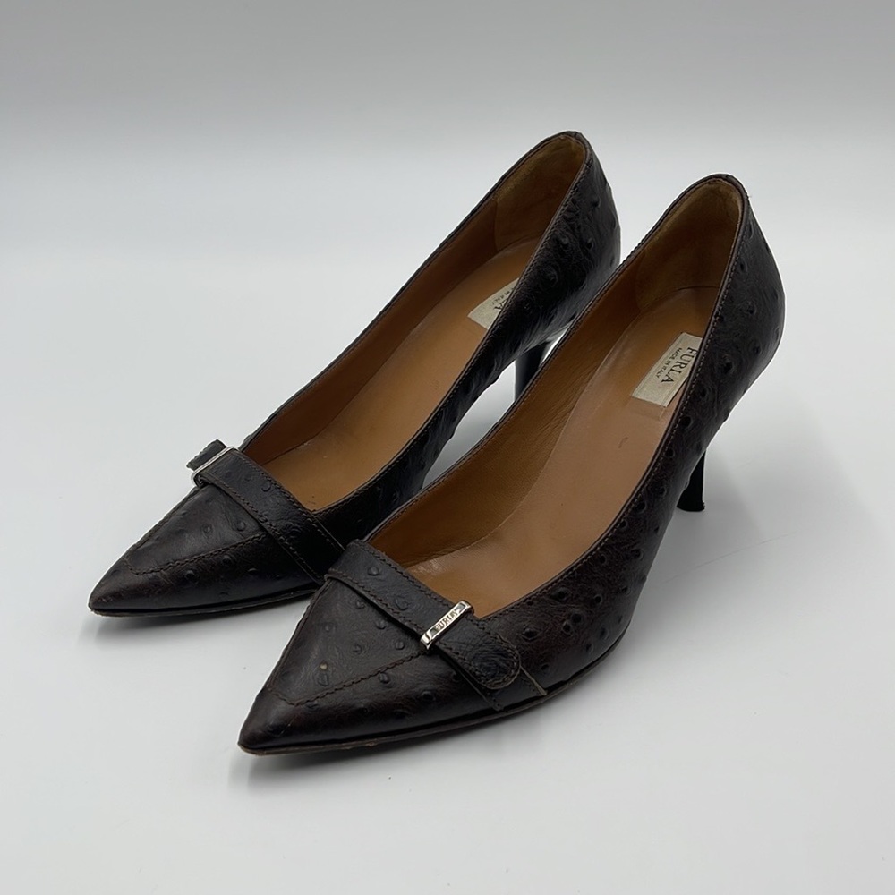 Furla Ostrich Brown Leather Pointed Toe Heels